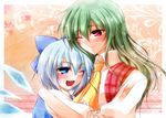  alternate_hairstyle ascot blue_eyes blue_hair blush bow cirno floral_background green_hair hair_bow hazuki_kasane highres hug ice ice_wings kazami_yuuka long_hair multiple_girls one_eye_closed plaid plaid_vest portrait red_eyes short_hair smile touhou upper_body vest wings 