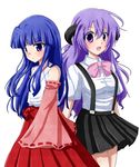  bad_id bad_pixiv_id blue_hair bow cosplay costume_switch furude_rika hakama hanyuu higurashi_no_naku_koro_ni horns japanese_clothes long_hair miko multiple_girls pink_bow purple_eyes purple_hair red_hakama shinji_(udonteishoku) 