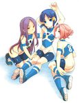  bike_shorts blue_hair diamond_dust_(inazuma_eleven) inazuma_eleven inazuma_eleven_(series) irouha kurakake_clara kurione_yuki mask multiple_girls purple_hair see-through shoes skin_tight sneakers socks touchi_ai 