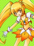  blonde_hair boots bow checkered checkered_background choker cure_sunshine green_background hair_ribbon hamutarou heartcatch_precure! long_hair magical_girl midriff myoudouin_itsuki orange_bow orange_choker orange_skirt precure ribbon skirt solo twintails very_long_hair yellow_bow yellow_eyes 