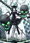  black_hair black_rock_shooter chain checkered checkered_floor collar collarbone dead_master glowing glowing_eyes green_eyes highres horns izumi_sai perspective scythe skull solo wings 