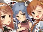  akabane_(zebrasmise) ar_tonelico ar_tonelico_i aurica_nestmile aurica_nestmile_(cosplay) bad_id bad_pixiv_id blue_hair blush bodysuit braid brown_eyes brown_hair collar cosplay futami_mami hagiwara_yukiho hair_ornament hairband idolmaster idolmaster_(classic) kisaragi_chihaya long_hair misha_arsellec_lune misha_arsellec_lune_(cosplay) multiple_girls one_eye_closed open_mouth shurelia shurelia_(cosplay) side_ponytail smile twin_braids 