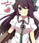  ;q arm_cannon black_eyes black_hair english hair_ribbon long_hair mitsu_yomogi one_eye_closed reiuji_utsuho ribbon solo thank_you tongue tongue_out touhou weapon 