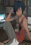  androgynous arm_support barefoot black_hair book bookshelf brown_eyes computer headphones highres ikezawa_kazuma indoors laptop leg_up male_focus sitting solo summer_wars yutaka7 