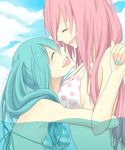  bad_id bad_pixiv_id bikini bikini_top closed_eyes green_hair hatsune_miku hug koma_(remi_398) long_hair megurine_luka multiple_girls open_mouth partially_submerged pink_hair polka_dot polka_dot_bikini polka_dot_swimsuit smile striped striped_bikini striped_swimsuit swimsuit twintails vocaloid yuri 