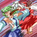  armpits battle blood blood_from_mouth blue_eyes bow breasts brown_hair crosscounter detached_sleeves duel face_punch geta gohei green_hair hair_bow hair_ornament hakurei_reimu in_the_face kochiya_sanae medium_breasts multiple_girls o_o punching sandals sarashi shide sideboob tom_(remisaku) touhou weapon 