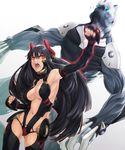  armpits ayaki bad_id bad_pixiv_id bare_shoulders black_hair breasts center_opening large_breasts leotard long_hair motion_blur muscle navel open_mouth original punching red_eyes uppercut 
