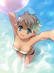  :d aqua_eyes arms_up ball beachball bikini_top breasts cleavage copyright_request dark_skin foreshortening from_above medium_breasts open_mouth short_hair short_shorts shorts smile solo wading water white_hair yasaka_minato 