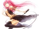  blue_eyes breasts long_hair looking_to_the_side medium_breasts megurine_luka microphone navel open_clothes open_shirt pink_hair see-through shiramori_yuse shirt simple_background skirt solo standing standing_on_one_leg thighhighs thighs very_long_hair vocaloid zettai_ryouiki 