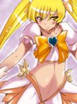  blonde_hair blush bow choker cure_sunshine heart heartcatch_precure! long_hair magical_girl midriff myoudouin_itsuki navel orange_bow orange_choker orange_skirt precure purple_background skirt solo tsukishiro_kou twintails yellow_bow yellow_eyes 