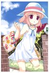  amatsuka_fubuki artist_request baby_princess bag day dress hat pink_hair purple_eyes sandals short_hair solo sun_hat sundress 