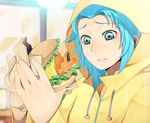  bad_id bad_pixiv_id blue_hair character_request copyright_request food frog green_eyes hamburger highres kosame_daizu rain raincoat solo 