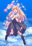  air bad_id bad_pixiv_id blonde_hair blue_eyes card dinosaur falling_card floating_card juice_box kamio_misuzu long_hair ponytail school_uniform solo stuffed_animal stuffed_toy yone_f15 