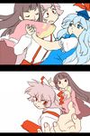  fujiwara_no_mokou houraisan_kaguya hug hug_from_behind kamishirasawa_keine mamotte_shugogetten! multiple_girls parody surprised touhou yumiya 