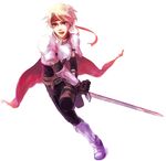  angry armor belt blonde_hair boots cape cless_alvein full_body gloves headband jammyjam knee_boots male_focus red_cape simple_background solo sword tales_of_(series) tales_of_phantasia weapon white_background 