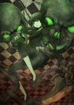  absurdres bad_id bad_pixiv_id black_hair black_rock_shooter chain checkered checkered_floor collar collarbone dead_master glowing glowing_eyes green_eyes highres horns lionel_nakamura perspective scythe skull solo wings 