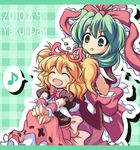  ^_^ alternate_hairstyle blonde_hair bow closed_eyes dress frills front_ponytail green_eyes green_hair hair_ornament highres kagiyama_hina long_hair medicine_melancholy multiple_girls musical_note nullpooo open_mouth ribbon short_twintails sitting smile text_focus touhou twintails wrist_cuffs 
