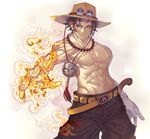  bad_id bad_pixiv_id belt brown_eyes brown_hair fire freckles grin hat jewelry katsutake male_focus muscle necklace one_piece portgas_d_ace shirtless smile smirk solo white_background 
