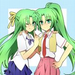  bad_id bad_pixiv_id green_eyes green_hair half_updo higurashi_no_naku_koro_ni long_hair multiple_girls ponytail shacttainw siblings sisters sonozaki_mion sonozaki_shion twins 