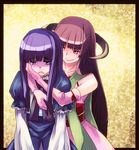  arm_around_neck dress featherine_augustus_aurora frederica_bernkastel frills hand_on_another's_cheek hand_on_another's_face horns hug hug_from_behind iiru long_hair multiple_girls purple_eyes purple_hair umineko_no_naku_koro_ni 