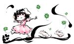  :3 animal_ears bad_id bad_pixiv_id barefoot black_hair bunny bunny_ears carrot chibi clover dress four-leaf_clover inaba_tewi jewelry jpeg_artifacts nyoron_(fudegatana) ookami_(game) outstretched_arms parody pendant pink_dress red_eyes short_hair solo spread_arms standing standing_on_one_leg touhou 