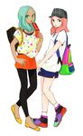  backpack bad_id bad_pixiv_id bag blue_hair casual cellphone dark_skin fashion flats handbag hat inazuma_eleven inazuma_eleven_(series) leggings legs multiple_girls phone pink_hair sandals takara_kaori urabe_rika zaizen_touko 