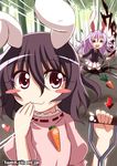  :3 =_= animal_ears blush_stickers brown_hair bunny_ears carrot carrot_necklace directional_arrow heart inaba_tewi jewelry kitahara_tomoe_(kitahara_koubou) lavender_hair multiple_girls necklace pendant red_eyes reisen_udongein_inaba shovel touhou watermark 