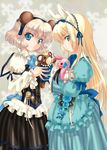  animal_ears bangs bear_ears blonde_hair blue_eyes bunny_ears crown dress hairband lolita_fashion long_hair multiple_girls original ribbon short_hair stuffed_animal stuffed_bunny stuffed_toy teddy_bear yano_takumi 