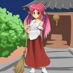  alternate_hairstyle animal_ears bamboo_broom bare_shoulders broom daajirin.koucha detached_sleeves earrings hair_up japanese_clothes jewelry miko mystia_lorelei pink_hair short_hair solo touhou 