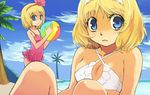  alice_margatroid alice_margatroid_(pc-98) ball beach beachball bikini blonde_hair blue_eyes bow day dual_persona hair_bow hairband lowres multiple_girls pink_hairband swimsuit touhou touhou_(pc-98) yuu_(kfc) 