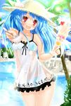  :d bikini bikini_under_clothes blue_hair feet food food_on_face hat highres hinanawi_tenshi imachi long_hair looking_at_viewer open_mouth parfait pool pov red_eyes see-through smile solo swimsuit swimsuit_under_clothes touhou wet wet_clothes 