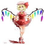  ascot blonde_hair blood bow curtsey flandre_scarlet frills hair_bow hat jobiko legs lowres mary_janes ponytail pout red_eyes ribbon shoes short_hair side_ponytail skirt skirt_hold socks solo standing touhou vest wings 
