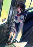  black_hair blue_eyes book bow hair_bow highres loafers original pleated_skirt school_uniform serafuku shoes skirt socks solo standing takoyaki_(roast) train_interior white_legwear 