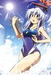  blue_hair competition_swimsuit hat kamishirasawa_keine kousei_(public_planet) long_hair one-piece_swimsuit red_eyes solo swimsuit touhou whistle 
