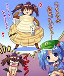  blue_eyes blue_hair brown_hair hair_bobbles hair_ornament hat himekaidou_hatate kawashiro_nitori key kurogarasu multiple_girls shell shell_bikini short_hair tokin_hat touhou translated twintails two_side_up 