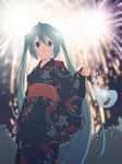  aerial_fireworks aqua_eyes aqua_hair bag bagged_fish festival fireworks fish hatsune_miku highres japanese_clothes kimono long_hair solo twintails very_long_hair vocaloid yuzuki_kei 