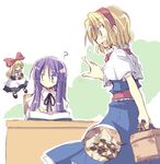  ? alice_margatroid basket blonde_hair book checkerboard_cookie cookie cross-section food green_eyes long_hair multiple_girls open_mouth patchouli_knowledge purple_hair satou_kibi shanghai_doll touhou white_background 
