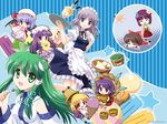  :o ^_^ blonde_hair bob_cut braid breasts closed_eyes dated detached_sleeves flower food green_eyes green_hair hair_flower hair_ornament hakurei_reimu halftone hat hieda_no_akyuu ice_cream ice_cream_cone izayoi_sakuya knife kochiya_sanae long_hair looking_at_viewer medium_breasts moriya_suwako multiple_girls open_mouth patchouli_knowledge purple_eyes purple_hair remilia_scarlet s_nyaau spoon star touhou tray twin_braids wafer yasaka_kanako 