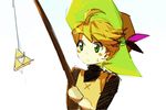  blonde_hair fishing_rod green_eyes hat holding holding_fishing_rod muse_(rainforest) pokemon pokemon_special solo the_legend_of_zelda triforce yellow_(pokemon) 