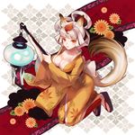  animal_ears breasts brown_eyes cleavage collarbone flower fox_ears fox_tail hair_up hands japanese_clothes kimono kneeling kongiku lantern large_breasts leaf leaf_on_head matsurika oboro_muramasa paper_lantern solo tail tassel white_hair 