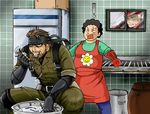  1girl 2boys apron bandana beard beret big_boss eating facial_hair fish gloves hat kitchen metal_gear_(series) metal_gear_solid metal_gear_solid_3 military military_uniform multiple_boys naked_snake refrigerator revolver_ocelot sibauchi stabo_harness surprised uniform 