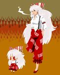  anna_(or) bad_id bad_pixiv_id bow chibi cigarette fujiwara_no_mokou hair_bow long_hair red_eyes silver_hair smoking suspenders touhou 