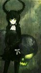  bad_id bad_pixiv_id black_dress black_hair black_rock_shooter curly_hair dead_master dress glowing glowing_eyes green_eyes highres horns kiwamu long_hair skull smile solo 