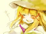  blonde_hair blush hair_ribbon hat lowres moriya_suwako open_mouth ribbon solo touhou translated uru_uzuki 