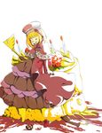  banquet_of_the_golden_witch bow cake candle closed_eyes crown death dress elbow_gloves eva_beatrice flower food fruit gloves hat orange_hair pastry rose smile staff strawberry umineko_no_naku_koro_ni ushiromiya_maria ushiromiya_rosa 