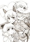  animal_ears bad_id bad_pixiv_id blush brave_witches cat_ears eila_ilmatar_juutilainen ermine_ears fox_ears gift greyscale highres kisetsu long_hair monochrome multiple_girls nikka_edvardine_katajainen pantyhose sanya_v_litvyak short_hair smile strike_witches tail traditional_media weasel_ears white_legwear world_witches_series 