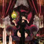  black_dress black_hair black_rock_shooter candelabra candle crossed_legs curly_hair dead_master dress green_eyes highres horns kai_ai sitting skull smile solo thighhighs zettai_ryouiki 