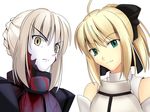  ahoge armor artoria_pendragon_(all) blonde_hair dual_persona fate/stay_night fate/unlimited_codes fate_(series) green_eyes migiha multiple_girls ponytail ribbon saber_alter saber_lily serious smile yellow_eyes 