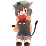  alternate_costume animal_ears bad_id bad_pixiv_id brown_eyes brown_hair cat_ears cat_tail chen contemporary hat momo_michi multiple_tails scarf short_hair solo tail thighhighs touhou 