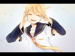  :d ^_^ blonde_hair closed_eyes detached_sleeves hands_on_headphones headphones kagamine_len letterboxed male_focus necktie open_mouth smile solo tama_(songe) vocaloid yellow_neckwear 